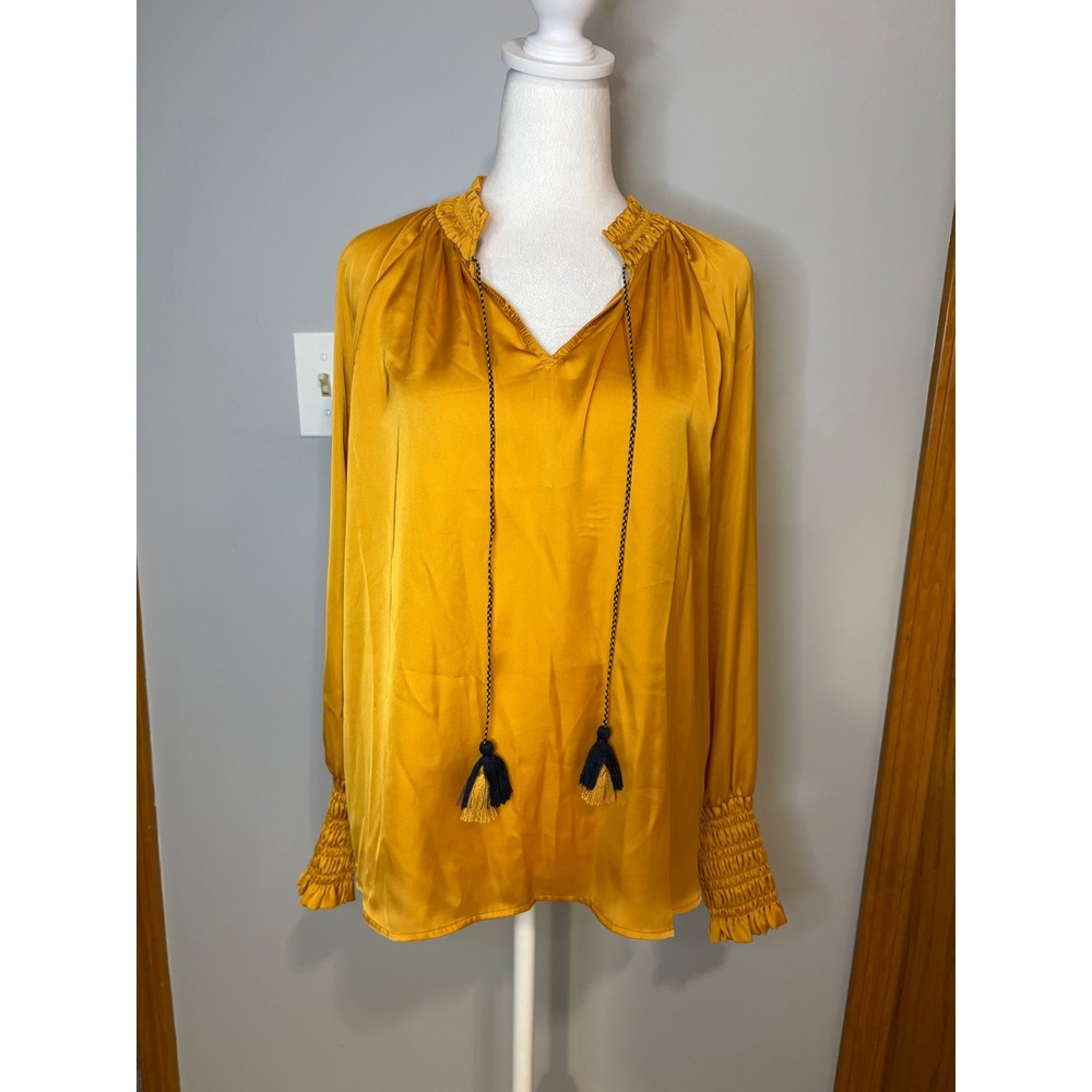 Lord & Taylor Mustard Yellow Satin Smocked V-Neck Tassel Boho‎ Peasant Blouse XS